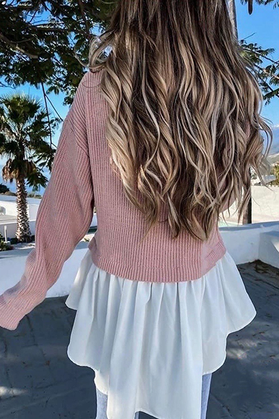 Casual Patchwork Asymmetrical  Contrast O Neck Tops