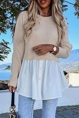 Casual Patchwork Asymmetrical  Contrast O Neck Tops
