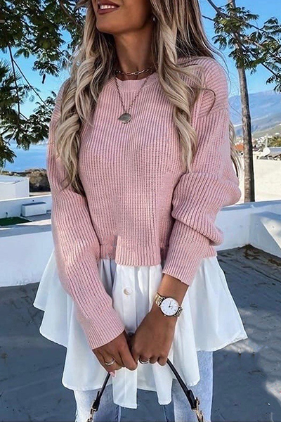 Casual Patchwork Asymmetrical  Contrast O Neck Tops