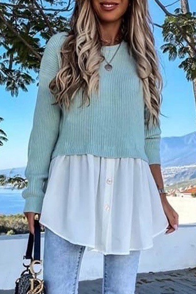 Casual Patchwork Asymmetrical  Contrast O Neck Tops