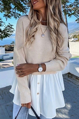 Casual Patchwork Asymmetrical  Contrast O Neck Tops