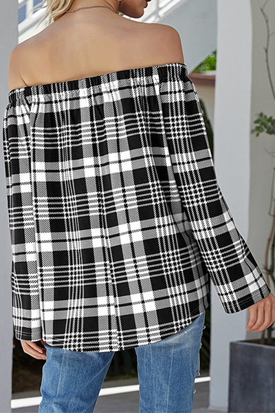 Casual Plaid Split Joint Off the Shoulder Tops