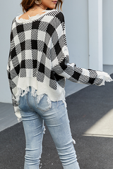 Casual Plaid Tassel  Contrast V Neck Tops Sweater