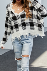 Casual Plaid Tassel  Contrast V Neck Tops Sweater
