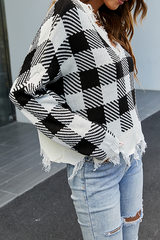 Casual Plaid Tassel  Contrast V Neck Tops Sweater