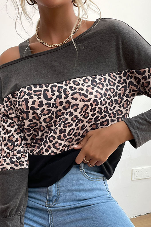 Casual Leopard Hollowed Out Split Joint Oblique Collar Tops