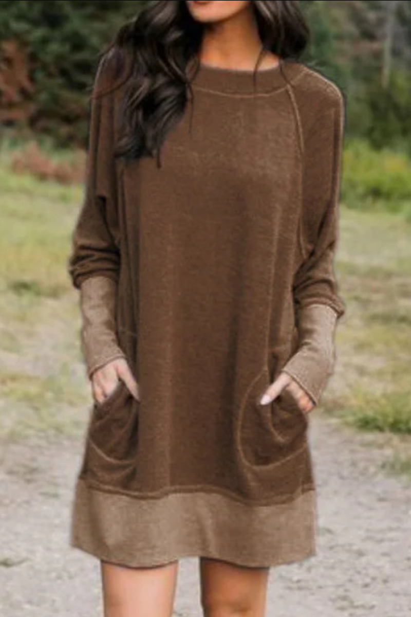 Casual Patchwork Pocket Contrast O Neck Dresses