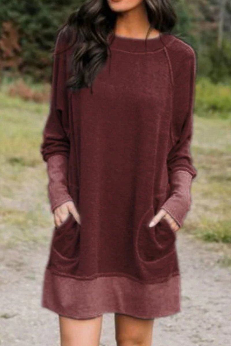 Casual Patchwork Pocket Contrast O Neck Dresses