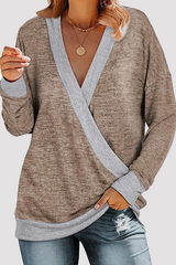 Casual Patchwork Basic  Contrast V Neck Tops