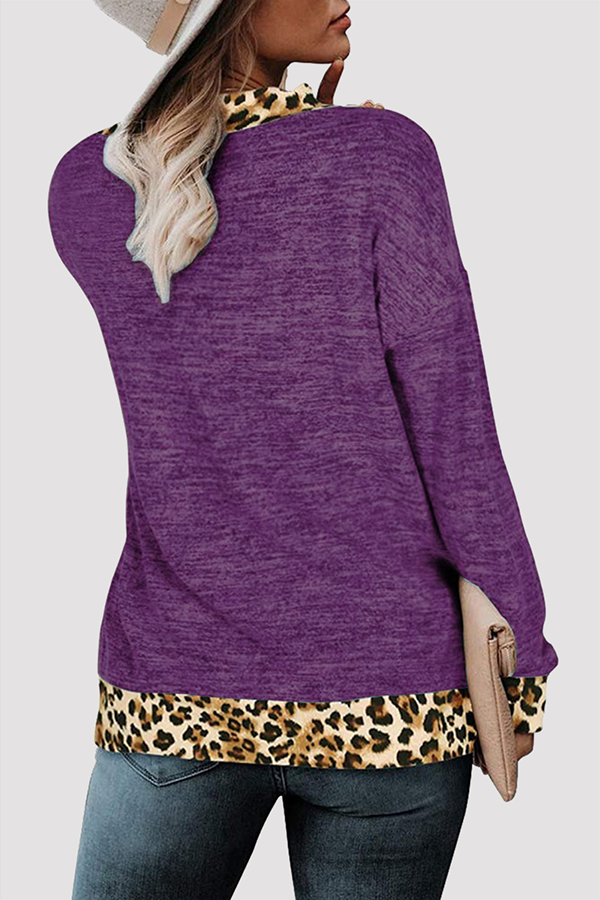 Casual Leopard Split Joint Basic V Neck Tops