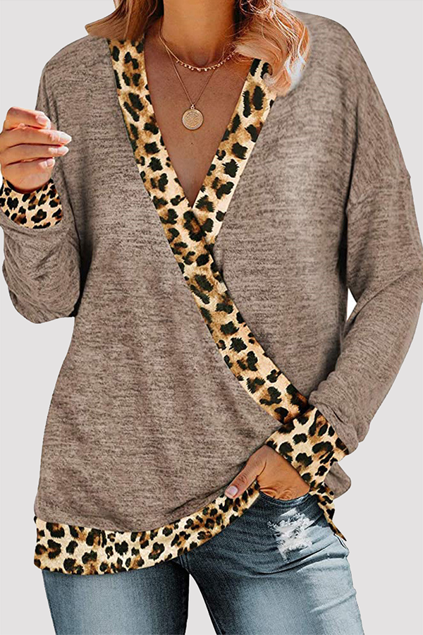 Casual Leopard Split Joint Basic V Neck Tops