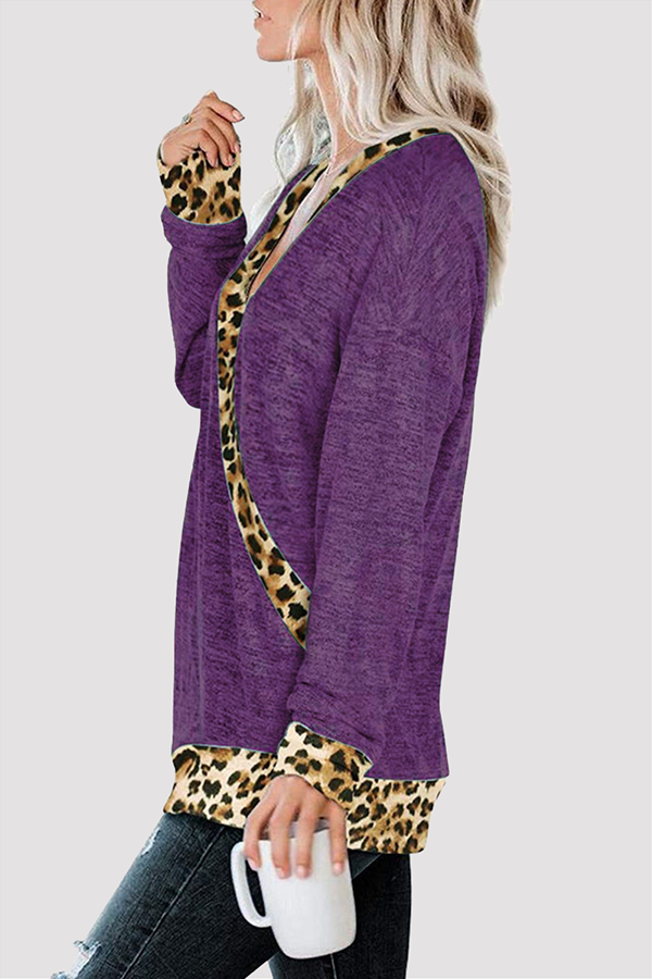 Casual Leopard Split Joint Basic V Neck Tops