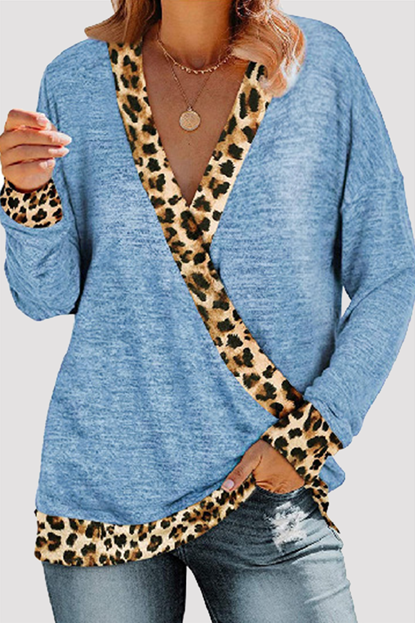 Casual Leopard Split Joint Basic V Neck Tops