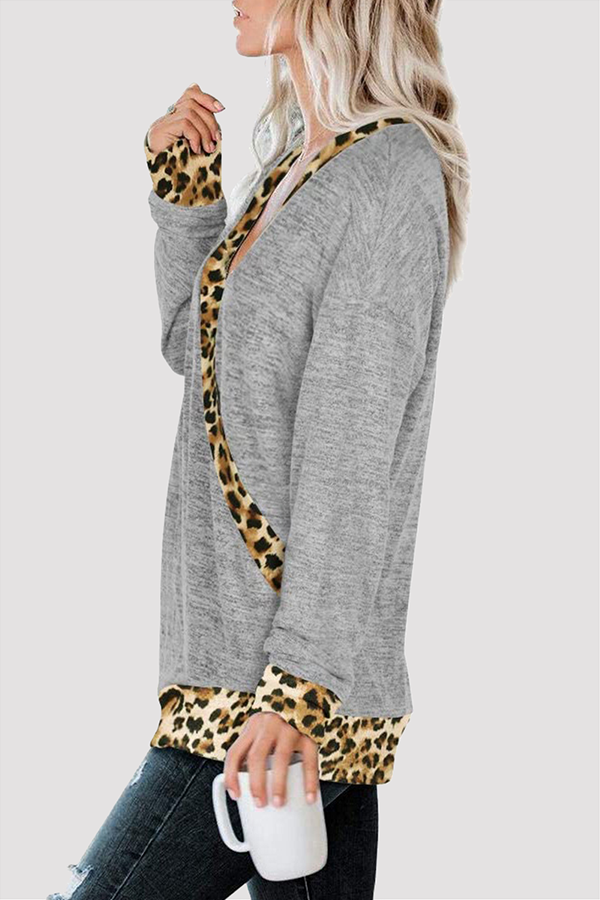 Casual Leopard Split Joint Basic V Neck Tops