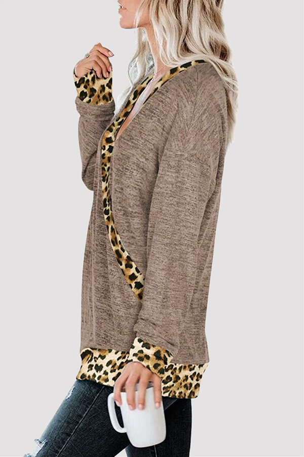 Casual Leopard Split Joint Basic V Neck Tops