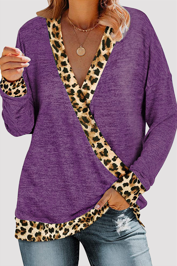 Casual Leopard Split Joint Basic V Neck Tops