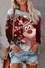 Casual Street Character Snowflakes Christmas Tree Printed Basic O Neck Tops