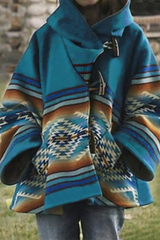 Casual Geometric Striped Split Joint Buckle Hooded Collar Outerwear
