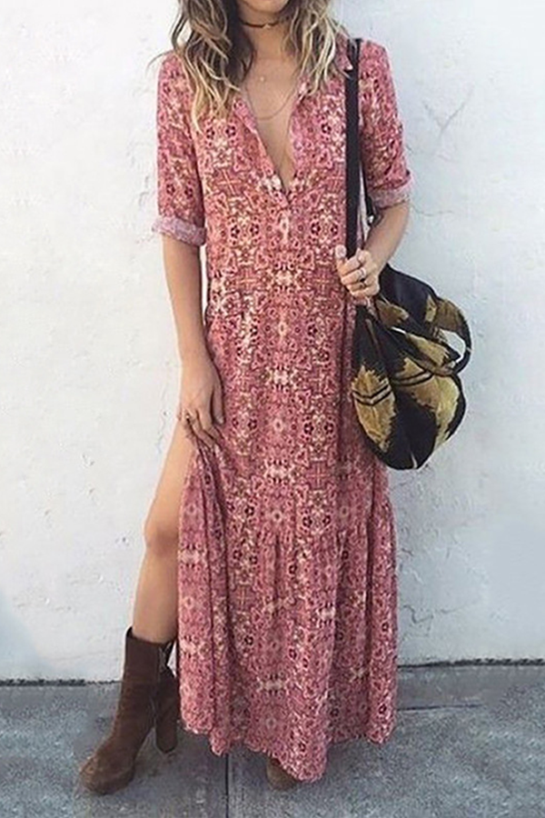 Casual Print Buckle Slit O Neck Dresses(3 Colors)
