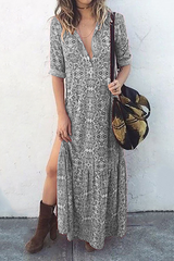Casual Print Buckle Slit O Neck Dresses(3 Colors)