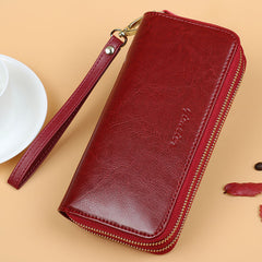 Wax Cowhide Women's Long Double Layer Zipper Large Purse