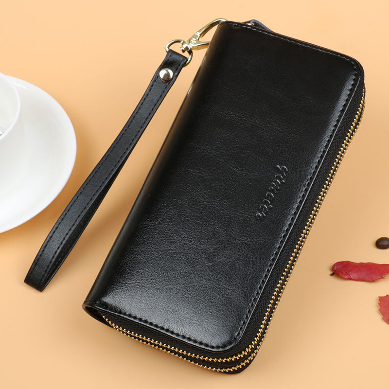 Wax Cowhide Women's Long Double Layer Zipper Large Purse
