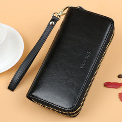 Wax Cowhide Women's Long Double Layer Zipper Large Purse