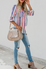 Fashion Striped Split Joint Turndown Collar Tops