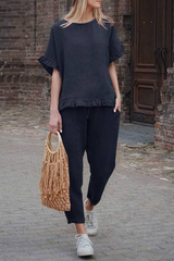 Solid Ruffles Hem Blouse Pants Set