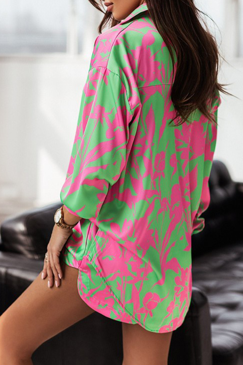 Casual Print Patchwork Turndown Collar Long Sleeve Two Pieces