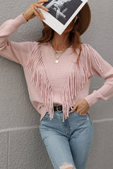 Fashion Solid Tassel Patchwork O Neck Sweaters(5 colors)
