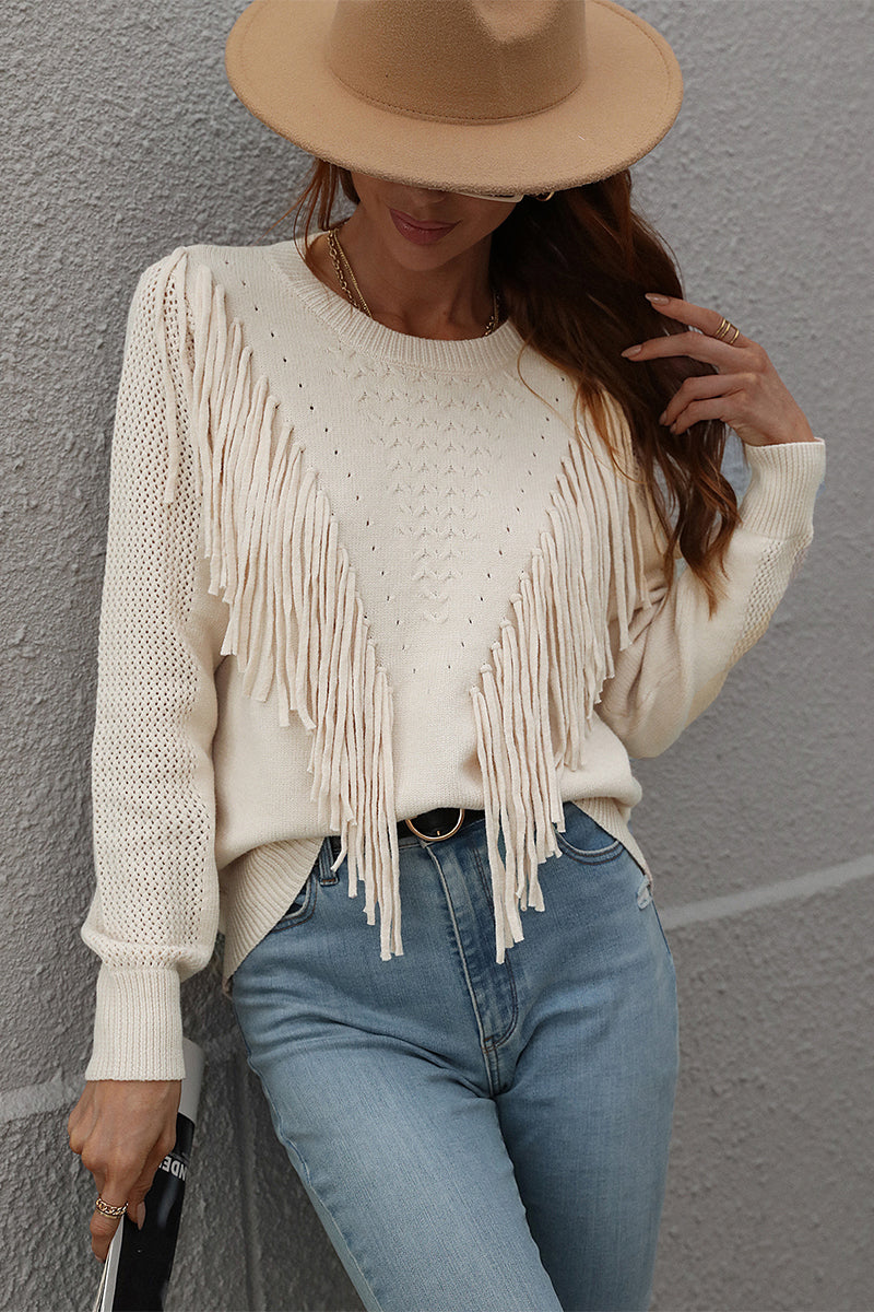Fashion Solid Tassel Patchwork O Neck Sweaters(5 colors)