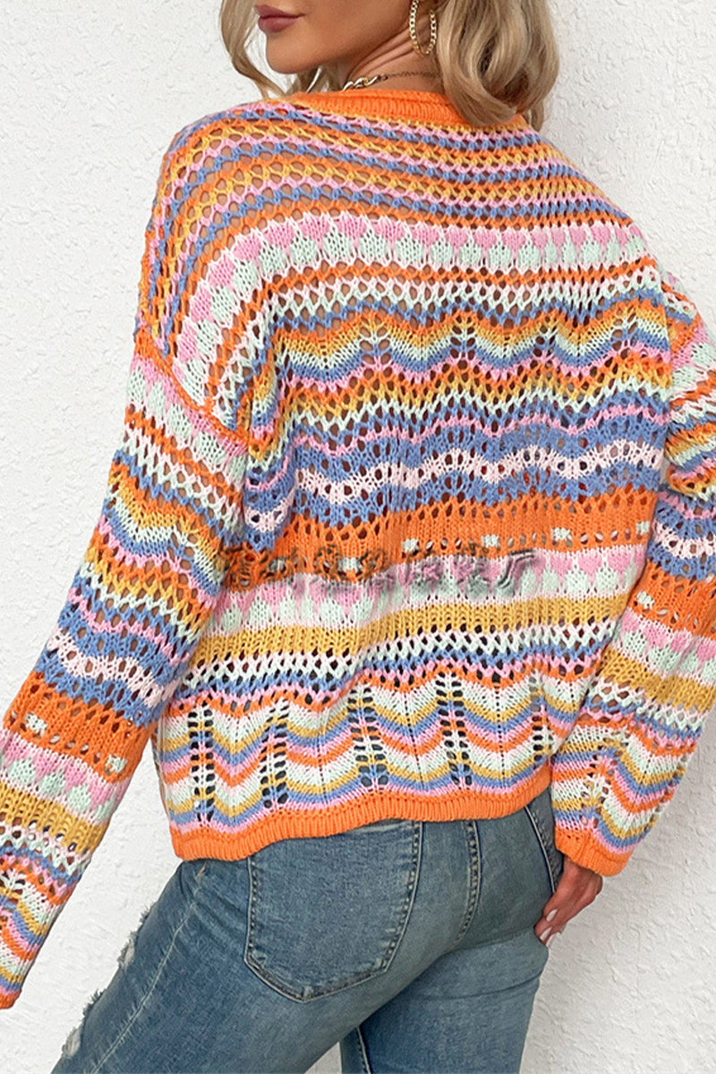 Fashion Striped Patchwork O Neck Sweaters(4 colors)
