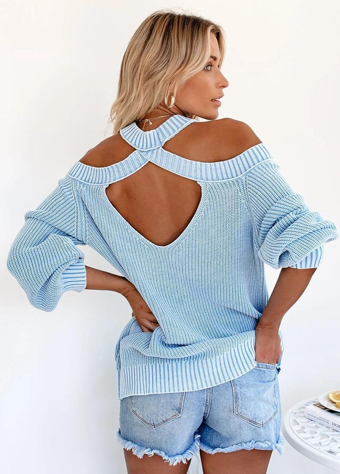 Cold Shoulder Long Sleeve Solid Color Sweater