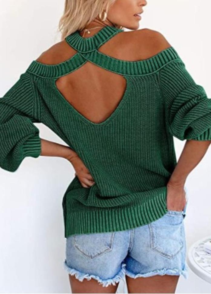 Cold Shoulder Long Sleeve Solid Color Sweater