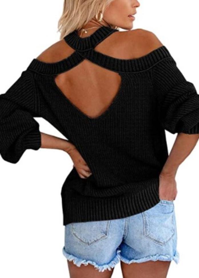Cold Shoulder Long Sleeve Solid Color Sweater