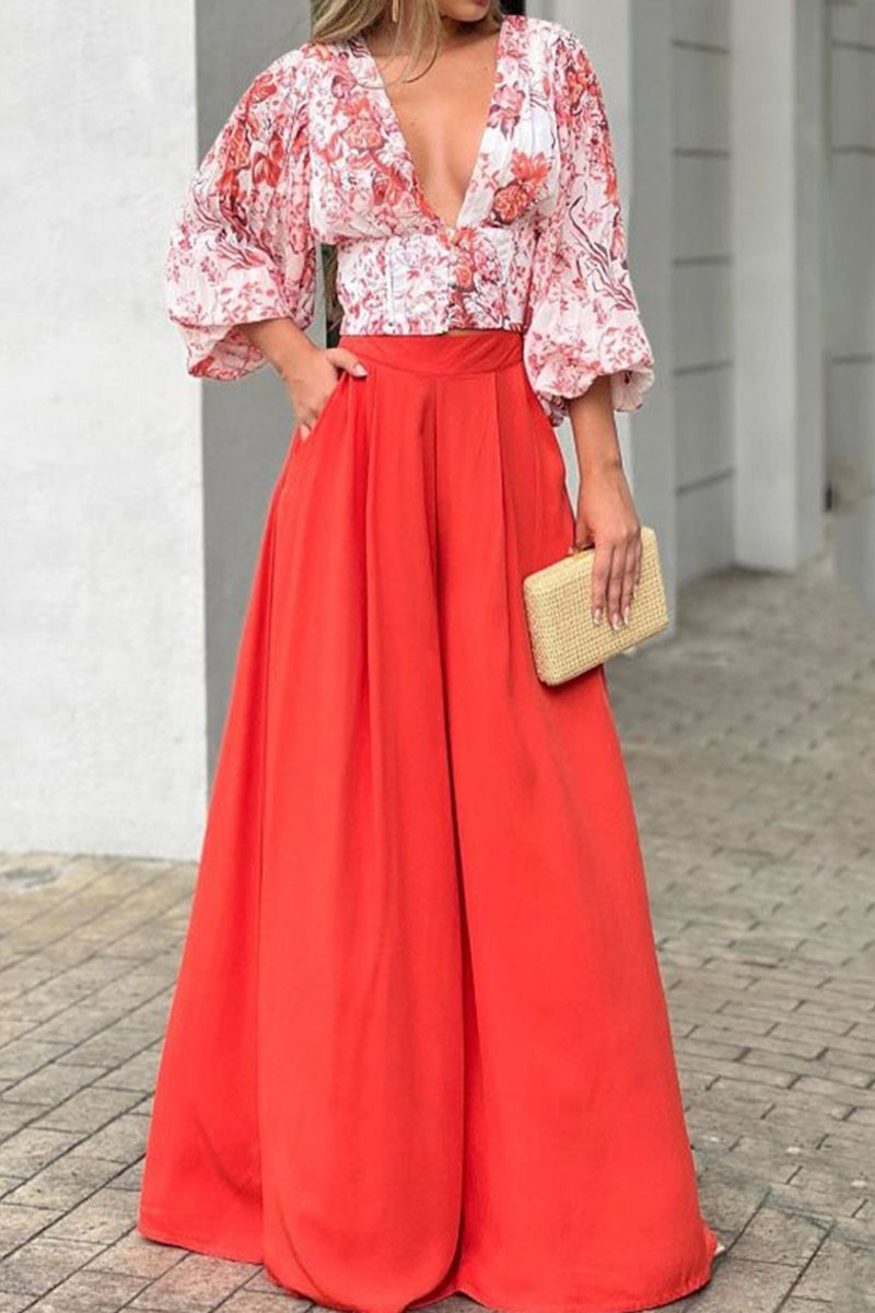 Sweet Elegant Print Printing V Neck Three Quarter Two Pieces
