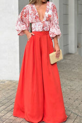 Sweet Elegant Print Printing V Neck Three Quarter Two Pieces