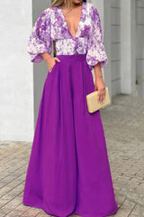 Sweet Elegant Print Printing V Neck Three Quarter Two Pieces