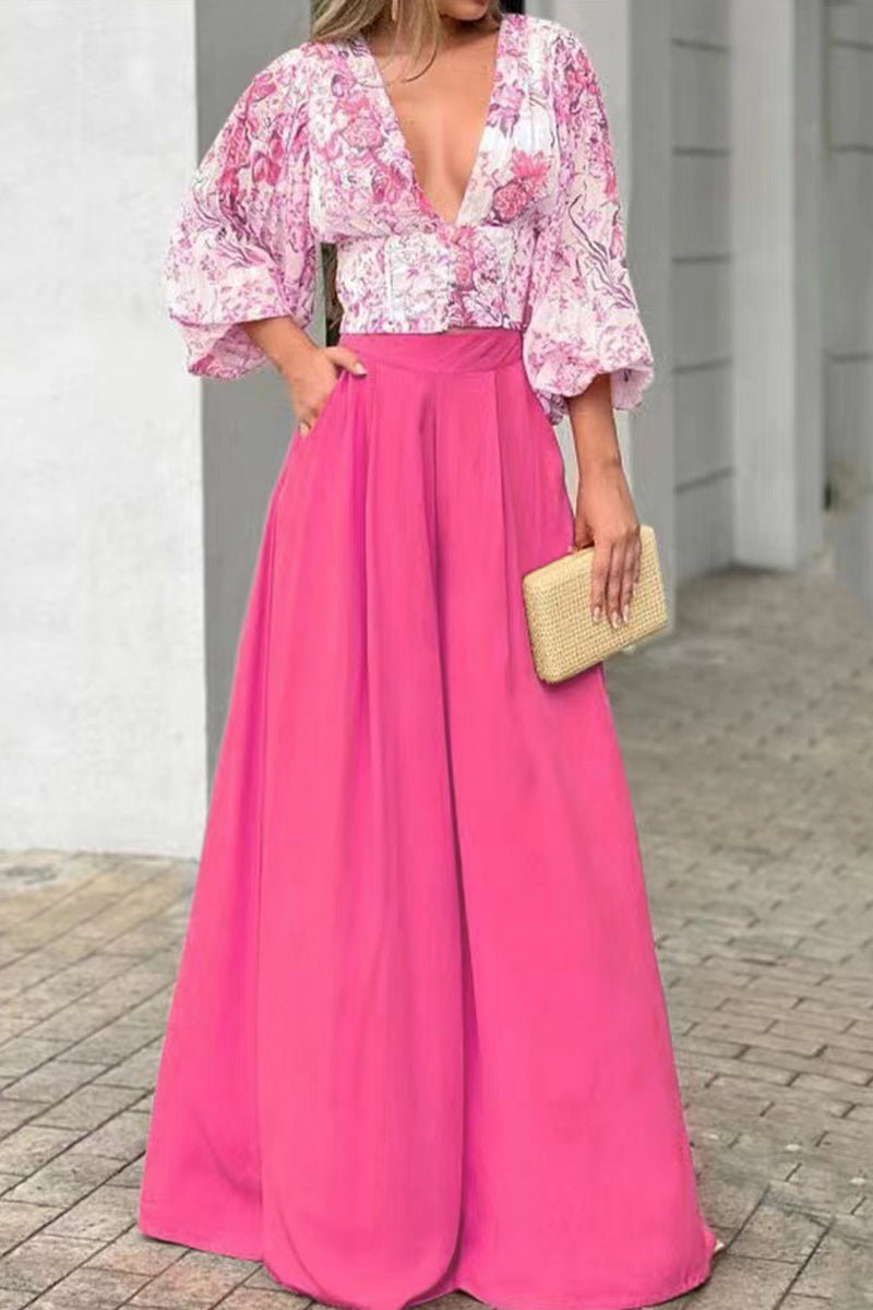 Sweet Elegant Print Printing V Neck Three Quarter Two Pieces