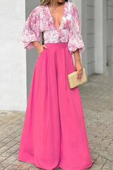 Sweet Elegant Print Printing V Neck Three Quarter Two Pieces