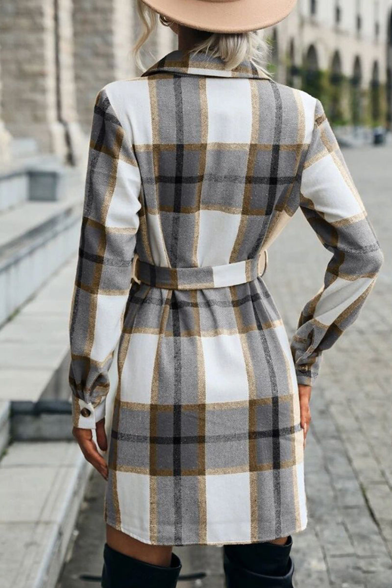 Street Elegant Plaid Patchwork Frenulum Turndown Collar Outerwear