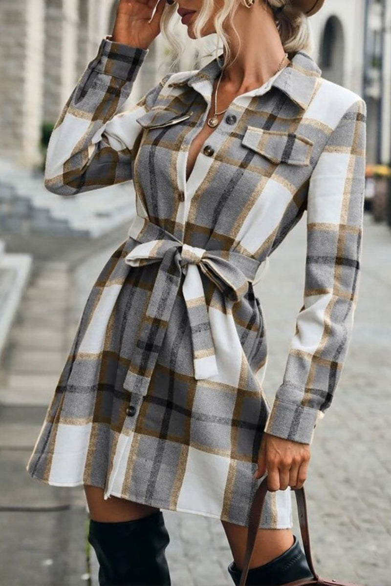 Street Elegant Plaid Patchwork Frenulum Turndown Collar Outerwear