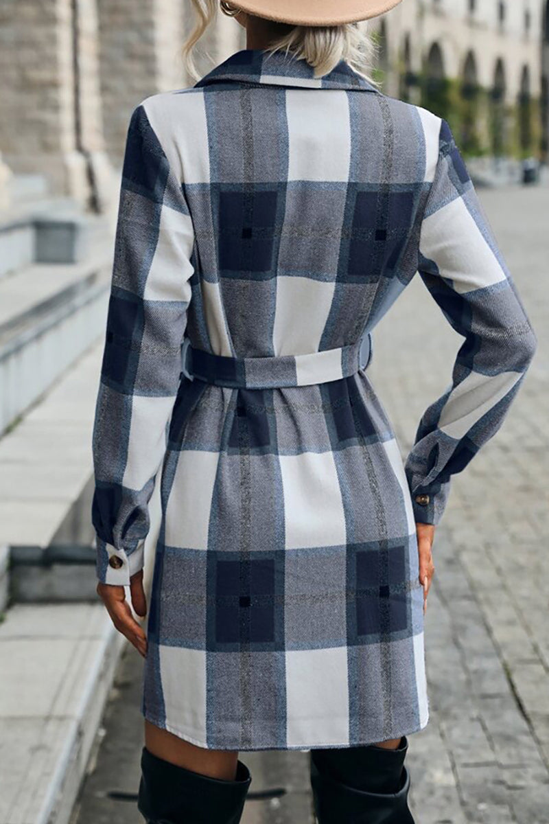 Street Elegant Plaid Patchwork Frenulum Turndown Collar Outerwear