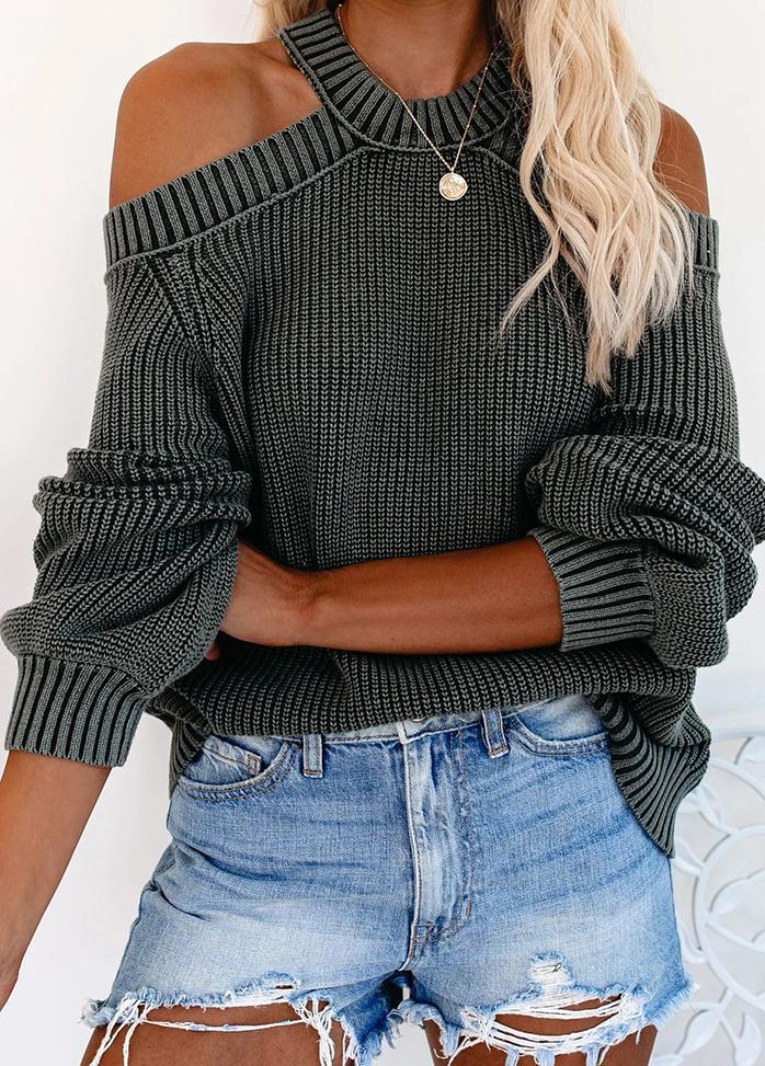 Cold Shoulder Long Sleeve Solid Color Sweater