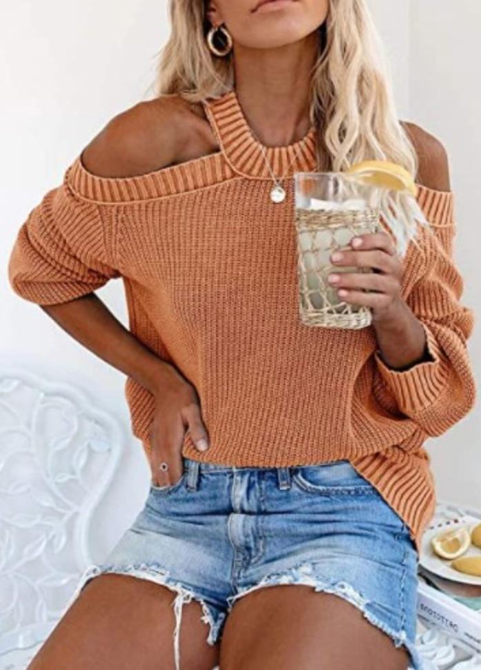 Cold Shoulder Long Sleeve Solid Color Sweater