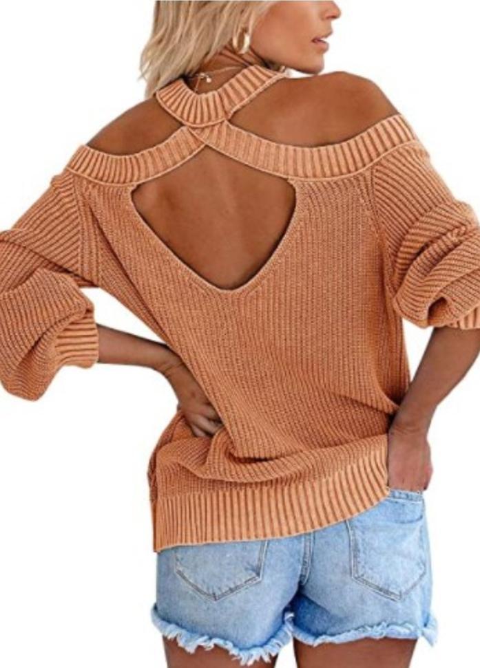 Cold Shoulder Long Sleeve Solid Color Sweater