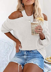 Cold Shoulder Long Sleeve Solid Color Sweater