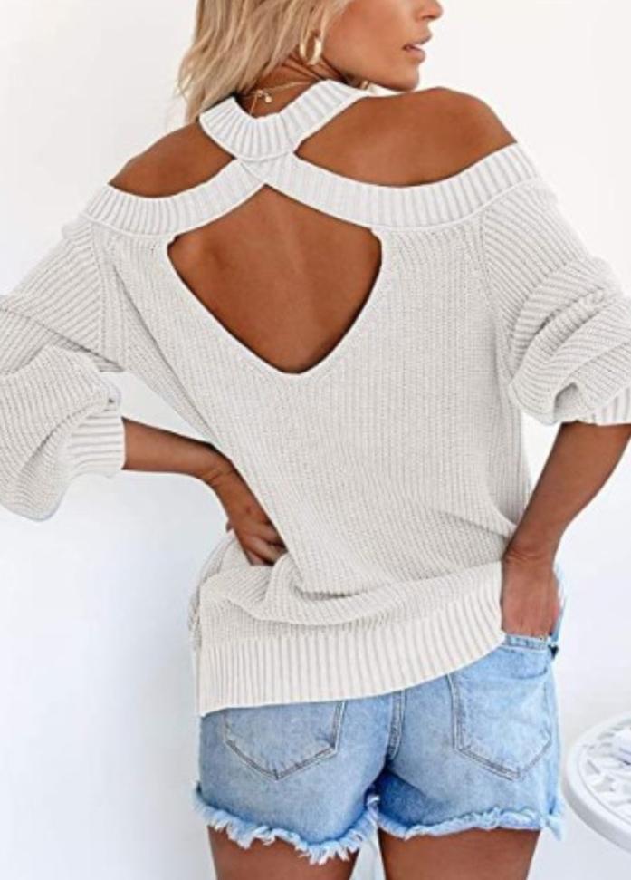 Cold Shoulder Long Sleeve Solid Color Sweater