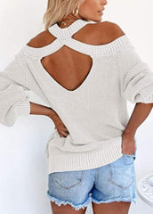Cold Shoulder Long Sleeve Solid Color Sweater